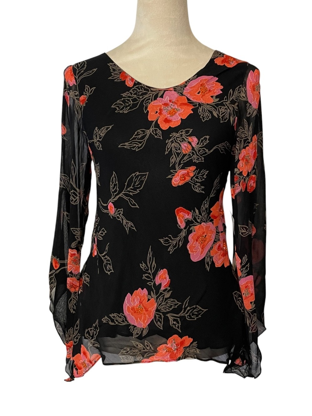 90’s Temptation Sheer Floral Beaded Blouse Small  Black Red Deadstock NWT